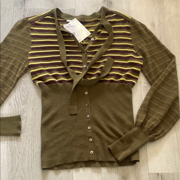 Free people gold combo Striped green‎ and Yellow Cardigan wool tie neck nwt knit - Picture 1 of 10